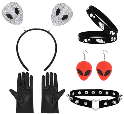 XEPST Alien Kostümzubehör Set - Alien Antennen Stirnband, Ohrringe, Halskette und Handschuhe für Frauen und Mädchen - Perfekt für Alien Partys, Halloween, Karneval, Cosplay - Anziehzubehör, Schwarz