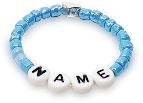 Baby Armband | Perlenarmband mit Namen | Stretcharmband | Namensarmband | Babyarmband | Taufarmband | Geburtsarmband | Namensbändchen (Blau | Schwarz auf Weiß)