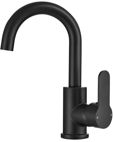 Robinet mitigeur de lavabo noir avec bec pivotant, robinet de lavabo à col de cygne robinet de cuisine 1 trou à levier unique avec tuyaux d'eau pour salle de bain, cuisine