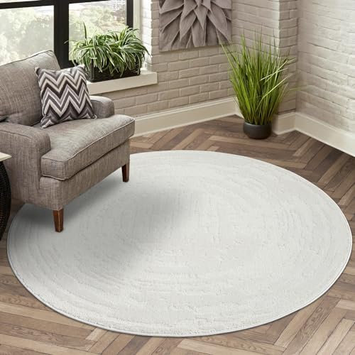 carpet city Teppich Kurzflor Wohnzimmer - Creme - 200 cm Rund - Meliert, Geo-Muster - 3D-Effekt - Moderne Teppiche Flachflor Schlafzimmer, Esszimmer