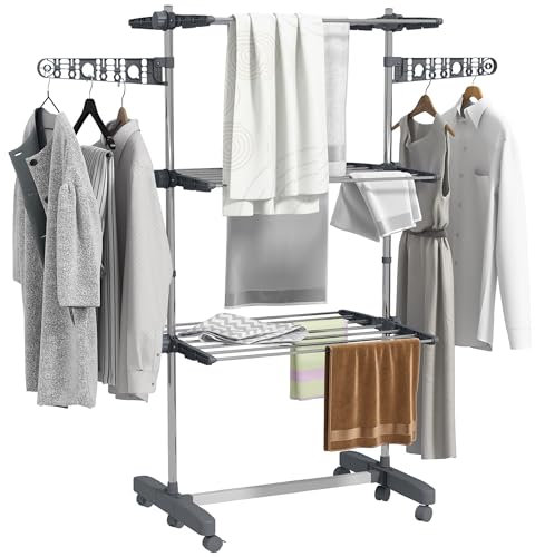 HOMCOM 3-Tier Clothes Airer, Stainless Steel Foldable Clothes Drying Rack with Wheels and Wings, Indoor and Outdoor, Easy Assembly, 142 x 55 x 152cm, Grey