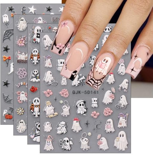 5D Halloween Nail Stickers, 4 Sheets 5D Self-Adhesive Embossed Nail Decal White Ghost Nail Art Decoration Design Supplies