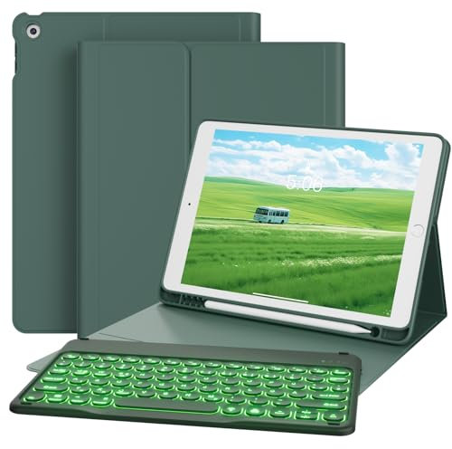 GKABXY Étui clavier pour iPad 9e/8e/7e génération (2021/2020/2019) 10,2 pouces avec porte-stylo, rétroéclairage 7 couleurs, clavier Bluetooth magnétique amovible, disposition QWERTZ, vert nuit