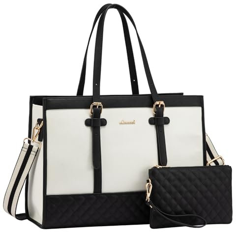 LOVEVOOK Laptop Bags for Women 15.6 Inch, Ladies Handbags for Work Business, Womens Large Tote Bag, Shoulder Bag with Clutch Lightweight for Office Business School College Shopping, Black White