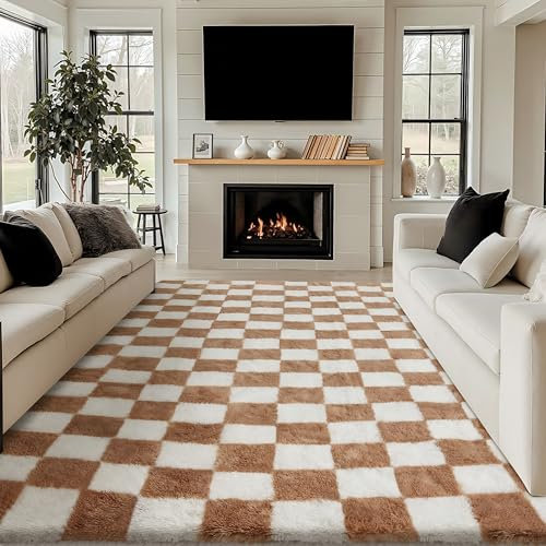 HUGEAR Teppich Kariert Hochflor Teppich Wohnzimmer 240X300cm Teppich Beige Schlafzimmer Rutschfester Kinderteppich Flauschig Weicher und GemüTlicher Carpet Living Room Kinder Teppich Mädchen Jungs
