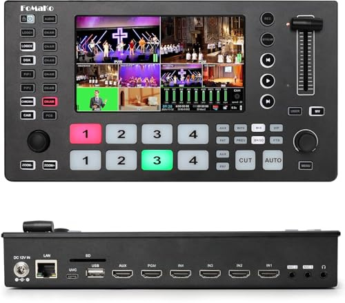 FoMaKo M3 Video Mischer 4K HDMI, Video Switcher mit 5,5 Zoll FHD LCD-Bildschirm, 5-Kanal Live-Streaming-Switcher, 4K 60FPS Eingang, 1080p 60FPS Ausgang, mit PTZ-Steuerung