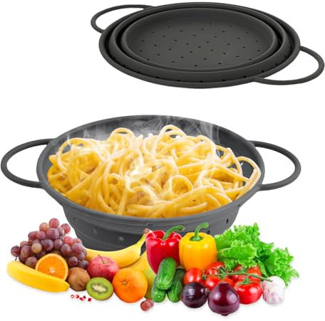 33,5cmX25,5cmX2,3cm Escurridor Plegable Silicona Gris Cesta de Drenaje Silicona Coladores Plegables de Silicona Ideal para Escurrir Pasta, Brócoli También Puedes Enjuagar Ensalada Frutas