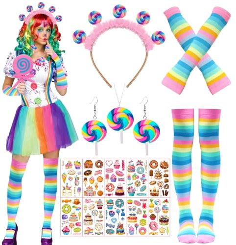 Johiux Lollipop Kostüm Damen Set,Candy Kostüm Damen mit Fingerlose Handschuhe Hohe Socken Candy Lollipop Haarreif Ohrringe Halskette,10 Stück Candy Face Tattoo,Fasching Karneval Kostüm Damen