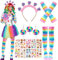 Johiux Lollipop Kostüm Damen Set,Candy Kostüm Damen mit Fingerlose Handschuhe Hohe Socken Candy Lollipop Haarreif Ohrringe Halskette,10 Stück Candy Face Tattoo,Fasching Karneval Kostüm Damen