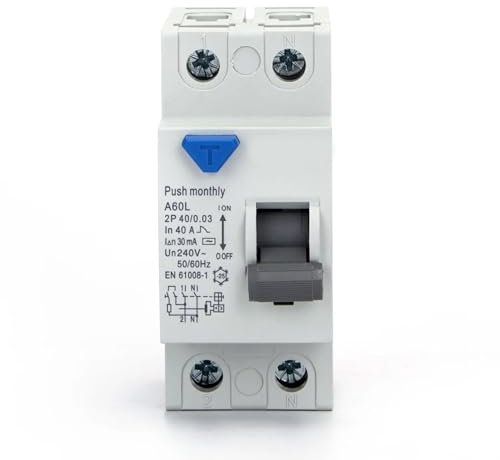 Disjoncteur différentiel 2P 63A 30mA AC, idéal pour la protection des circuits électriques et la prévention des chocs électriques.