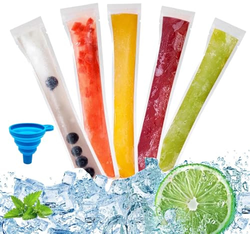 Popsicle Taschen, 100 Stück Wassereis Tüten, Eis am Stiel Popsicle Formen Beutel BPA-Frei Eis Pop Beutel Wassereis Tüten Popsicle Pouches mit Trichter für DIY Joghurt, Saft & Smoothies (5.5 x 28 cm)