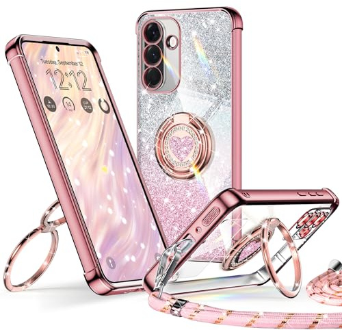 XYZ für Samsung Galaxy A56 5G Hülle mit Band, Herzen Doppelring Ständer | Luxus Glitzer HandyHülle Kameraschutz, Frauen Stoßfest Elektroplattiert Case Soft TPU SchutzHülle Clear, Roségold