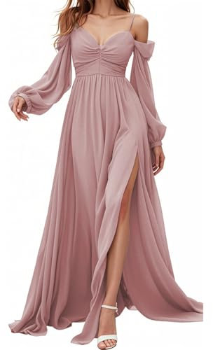 HPPEE Abito da damigella d'onore con spalle scoperte e maniche a pieghe con scollo a V, abito formale in chiffon con apertura, Rosa antico, 48 Grande