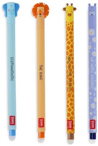 - 4er Set Gel-Radierstifte, Wildlife, Stifte mit radierbarer Tinte, Hippo, Elefant, Giraffe und Löwe Radierbar ohne Blatt zu verbrauchen, 0,7 mm Spitze (WILDLIFE)