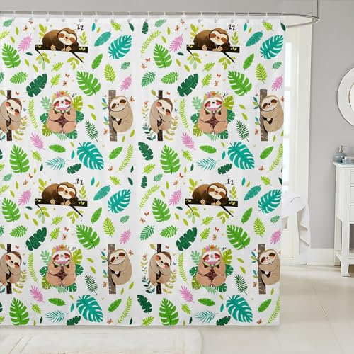 Homewish Cute Sloth Fabric Shower Curtain for Kids Cartoon Jungle Animals Print Bathroom Curtains 72 Wx84 L Adults Kawaii Sloth Shower Curtain Green Tropical Palm Leaves Bathroom Accessories