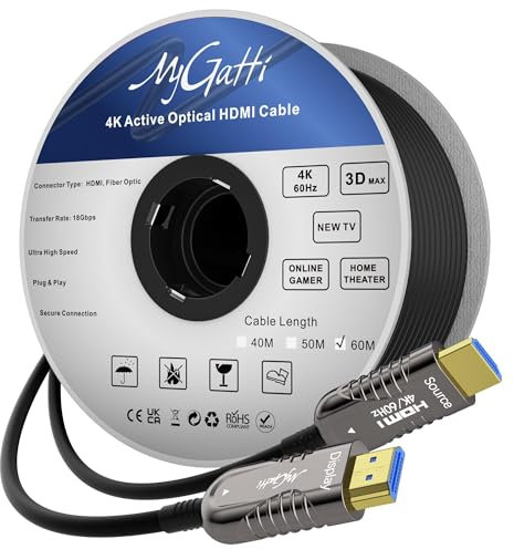 Mygatti 4K HDMI Glasfaser Kabel 60 Meter,HDMI Optisches Kabel 2.0,4K@60Hz 18Gbps High Speed UHD Fiber Optic AOC,4:4:4 RGB,Gehäuse aus Zinklegierung,schlankes -Außendurchmesser:4.8mm