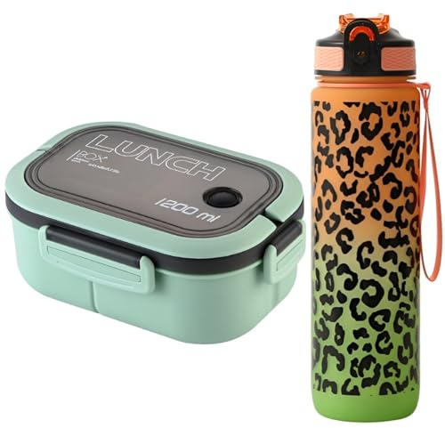 WS-Trend 4-teiliges Mint-Lunch-Set für Kinder – Brotdose 1200 ml mit Fächern + XL-Trinkflasche 1000 ml Ombre-Pantherka + Löffel & Gabel – Auslaufsicher, BPA-frei & Mikrowellengeeignet
