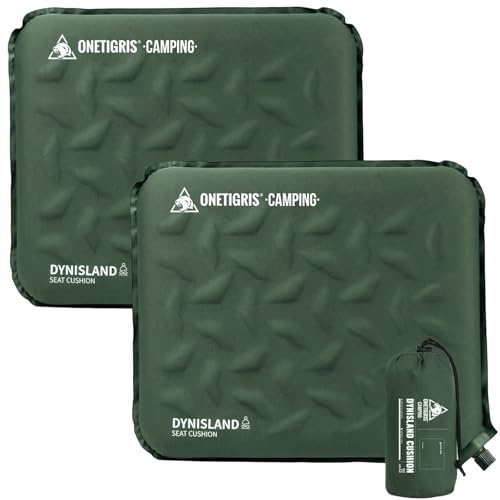 OneTigris DYNISLAND Sitzkissen selbstaufblasend 41 x 33 x 4 cm, Sitz Kissen Outdoor faltbar, Camping Sitzkissen Ultraleicht 150 g, Kissen aufblasbar für Wandern, Picknick-2 Stück(Ranger Grün)