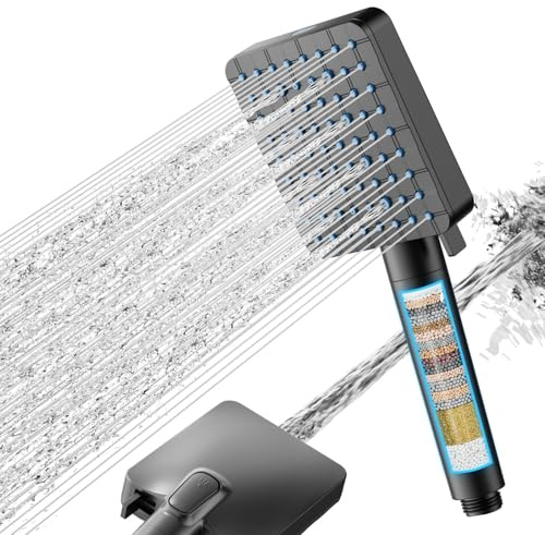 Cobbe Hard Water Filter Squre Shower Head, High Pressure Shower Head with 20 Stage Filter, 6+1 Spray Modes Square Powerful Built-in Power Wash Showerhead for Residual Chlorine Remove, Black