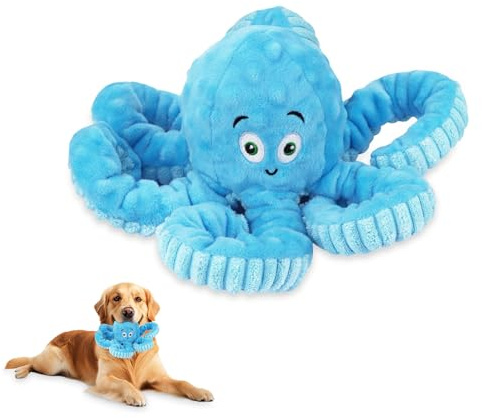 Jinfanshurich Unzerstörbares Hundespielzeug, Quietschender Oktopus aus Plüsch, Strapazierfähiges Interaktives Spielzeug für Kleine, Mittelgroße & Große Hunde (Blau)