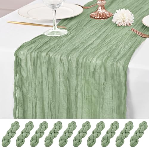 10 Stück Salbeigrün Tischläufer 55 x 300 cm Käsetisch Tischläufer rustikaler Gaze Tischläufer Romantische Lange Lange Stoffkäse Käse Tisch Läufer für Hochzeitsfeier Brautbabyparty