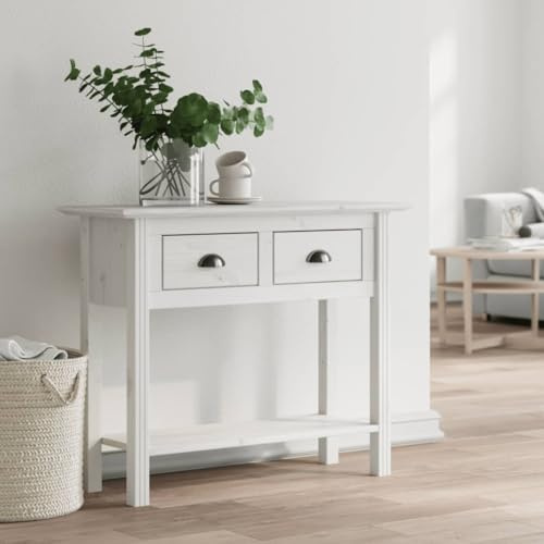 HFXHIJXQ Konsolentisch BODO Weiß 91x35x74 cm aus massivem Kiefernholz, 2 Schubladen, französischer Landhausstil, robuster Beistelltisch für Flur, Wohnzimmer & Schlafzimmer