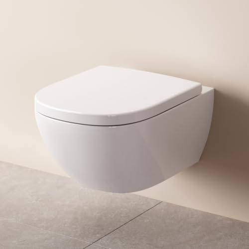 AM.PM Above – AquaSpin Wand WC spülrandlos | Hänge WC mit Toilettendeckel mit Absenkautomatik | Duroplast Klo Sitz | Spülrandloses Hänge WC Set | Kompatibel mit Vorwandelement & Gäste WC | Weiß 49 cm