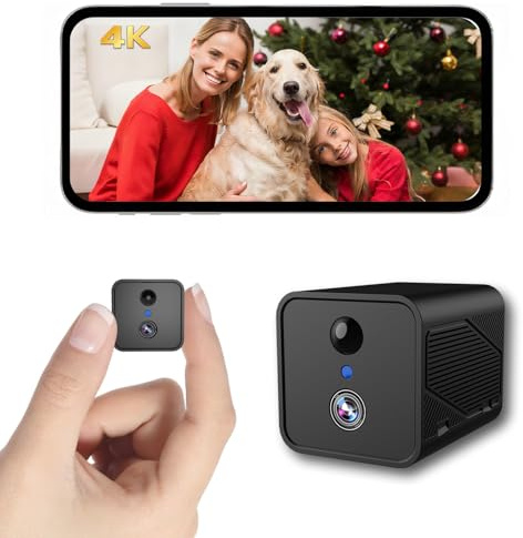 Mini Telecamera, 4K Videocamera Sorveglianza Interno, Telecamera Spia con Visione Notturna, Basso Consumo e Lunga Durata 50 Giorni, Prova Cloud 30+ Memoria Locale, per Casa/Animali Domestici Sicurezza