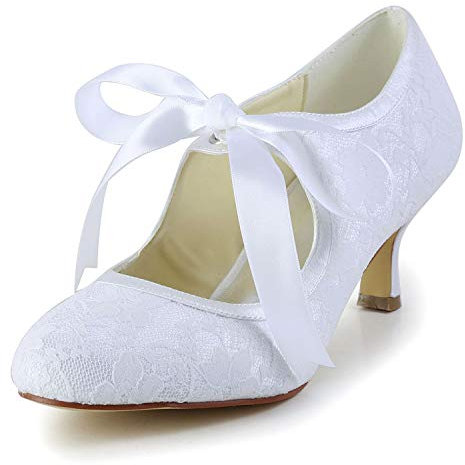JIAJIA 140311 Bridal Lace Satin Low Heel Closed Toe Prom Party Dance Wedding Shoes Color White,Size 7 UK / 41 EU