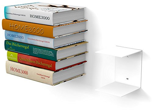home3000 1 GROßES weisses unsichtbares Bücherregal mit 2 Fächern für große Bücher bis 30cm Tiefe und für 50cm hohen Bücherstapel