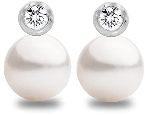 Damen Perlen Omega Ohrringe, Süßwasser Zuchtperlen 10-11 mm mit Zirkonia Steinen von Secret & You - Hochwertiges Sterling Silber 925.