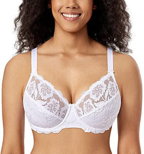 DELIMIRA Donna Reggiseno con Ferretto Taglie Forti Pizzo Senza Imbottito Sostegno Bianco 5G