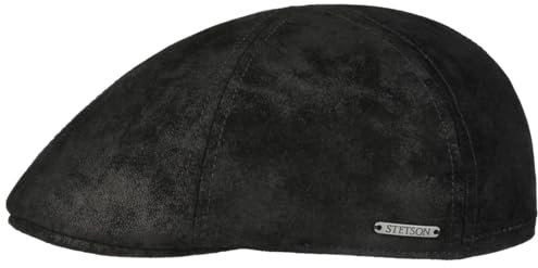 Stetson Texas Pigskin Leder Schiebermütze Herren Ledermütze mit Baumwollfutter Flat Cap Sommer Winter schwarz S (54-55 cm)