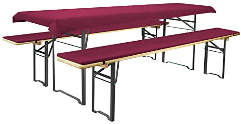 Brandsseller Auflagenset für Bierzeltgarnituren 3-teilig 2 Bankauflagen gepolstert 220x25 cm und 1 Tischdecke 240x90 cm für alle gängigen Festzeltgarnituren Bierbankauflagen Outdoor - Beere