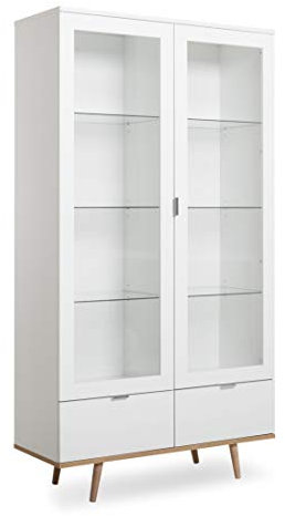 Newfurn Vitrine Vitrinenschrank Skandinavisch Holzvitrine II 100x185x 40 cm (BxHxT) II [Elia.Four] in Weiß/Weiß Wohnzimmer Schlafzimmer Esszimmer Flur Diele