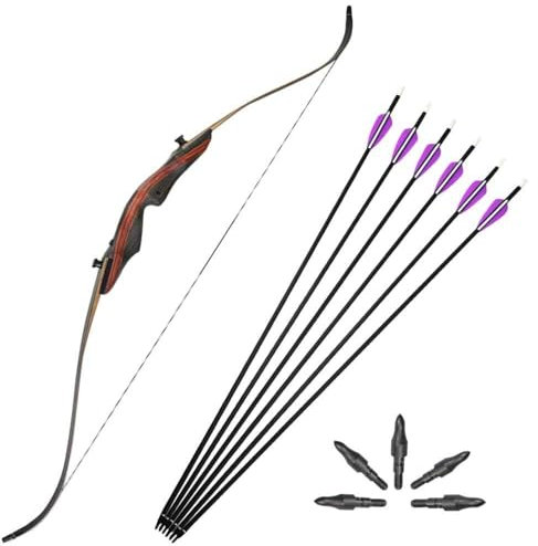 ZSHJG 62 Zoll Takedown Recurve Bogen und Pfeil Set Traditionell Holzbogen Jagdbogen für Jugendliche und Erwachsene 20-50lbs Bogenschießen Longbogen mit Carbonpfeile (Typ 4, 25lbs)