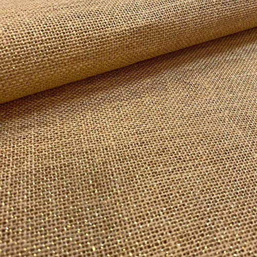 Kt KILOtela Tela por Metro de Arpillera, Saco, Fantasía Brillo Dorado, Yute, Decoración Navidad, Manualidades, Costura Creativa, Largo a Elección por Metro, 147 cm Ancho, Marrón Natural, Lurex Dorado