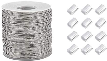 PH PandaHall 100m 1mm Filo per appendere quadri per servizio pesante, filo per appendere cornice per foto in acciaio inossidabile con 30pz Manicotto ad anello per aggraffatura in alluminio