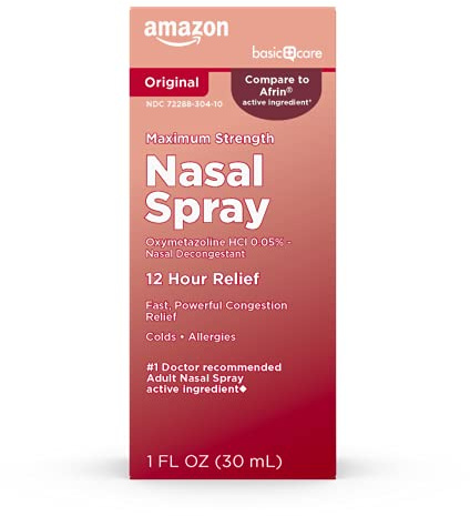 Amazon Basic Care Maximum Strength 12 Hour Nasal Spray, Oxymetazoline HCl Solution, Sinus Pressure Relief, Cold and Allergy Medicine, Decongestant, 1 fl oz (Pack of 1)