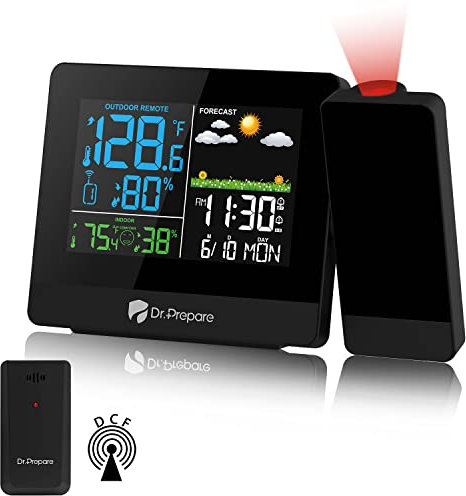 DR.PREPARE Le réveil à Projection Réveil avec Projection Station météo Horloges Stations météo Réveil Numérique avec capteur extérieur Montre la température pour Chambre Bureau Salon OUT4