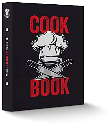 itenga Rezeptringbuch A5 Motivdruck laminiert 2-Ring-Mechanik Cook Book Kochmütze Messer schwarz rot weiß - Rezeptordner Kochrezepte-Ringbuch