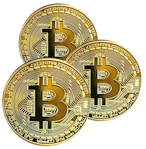 Krisler 3PCS Médaille Bitcoin Physique Plaqué avec 24 Carats Véritable Or. Monnaie Virtuelle Pièce de Collection Cadeau BTC Coin Art Collection Physique (Or)
