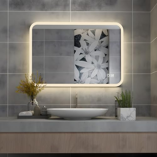 MIQU Badspiegel LED 80 x 60 cm Badezimmerspiegel mit Beleuchtung warmweiß/kaltweiß dimmbar Lichtspiegel Wandspiegel mit Touch + beschlagfrei rechteckig