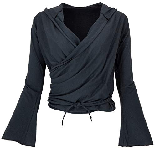 GURU SHOP Wickelshirt, Yogashirt, Langarmshirt mit Trompetenärmeln - Schwarz, Damen, Baumwolle, Size:S