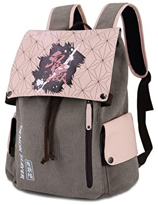 Roffatide Anime Demon Slayer Kamado Nezuko Canvas Laptop Rucksack Damen Herren Canvas Rucksack Klappe Bedruckt Schultasche College Bookbag Pink
