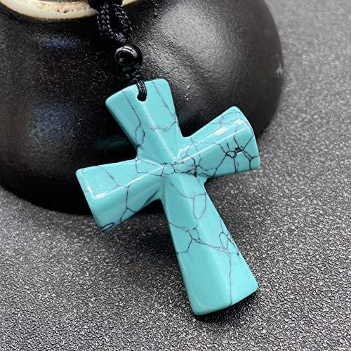 sdfwe Crystal Necklace,Natürlicher Edelstein Kristall Kreuz Blau Türkis Anhänger Halskette Mit Schwarzer Seilkette Für Damen Herren Modeschmuck