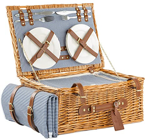 Greenfield Collection Abbotsbury 4 Person Picnic Basket Hamper includes Dishwasher Safe Flatware, Cutlery, Plates and Wine Glasses.