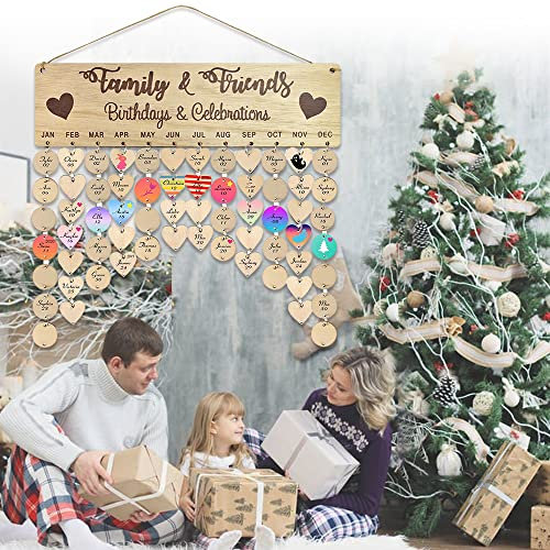 DURANTEY Geburtstagskalender Holz mit 50 runde und 50 herzanhänger Geburtstag Kalender Board DIY Geburtstagserinnerung Kalender Familie Freunde Wandkalender Holzscheiben für Home Wall Dekoration