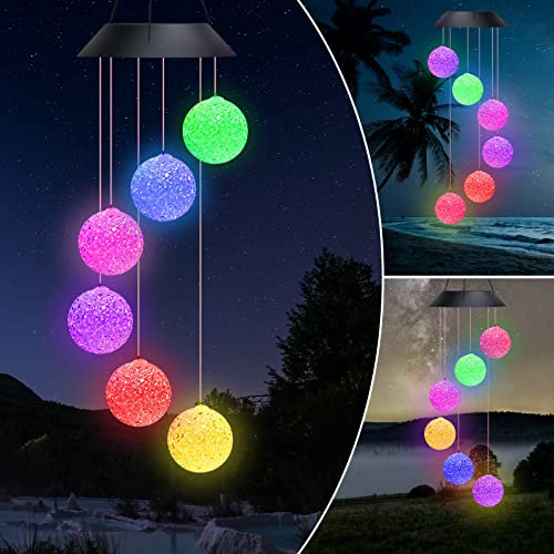 Larkumio Solar Windspiel für Draußen Garten Hängend Gartendeko Balkon Deko, Solarwindspiele Wind Chimes Outdoor mit Farbwechselnden LED Solar Lichter Dekorative Windspiele für Frauen Kinder, Ball
