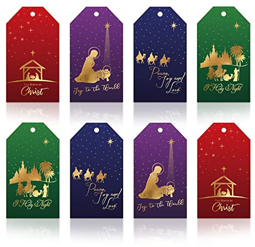 Whaline 120 Stück WeihnachtsPapierGeschenkanhänger Krippenfolie Gold Geschenkanhänger mit 32,8 m Schnur, Xmas Geburt Jesus, Hängeetiketten Namensschilder für Weihnachten, DIY, Geschenk,